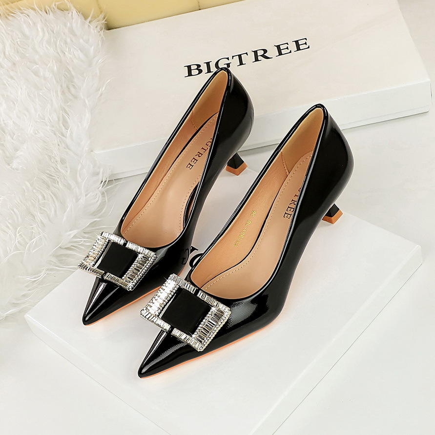 1961-K71 European American Style Fashion Party Spring And Autumn Women's Mid-Heel Patent Leather Shallow Mouth Pointed_vogvips.com