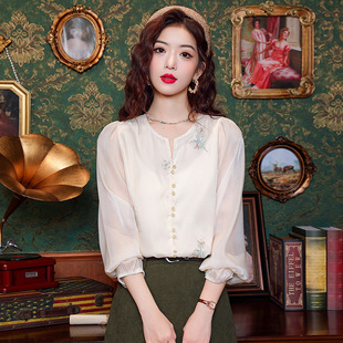 New Chinese Style Light National Style Long Sleeve Chiffon Top Women's Autumn 2025 New Style Lantern Sleeve Embroidered Shirt