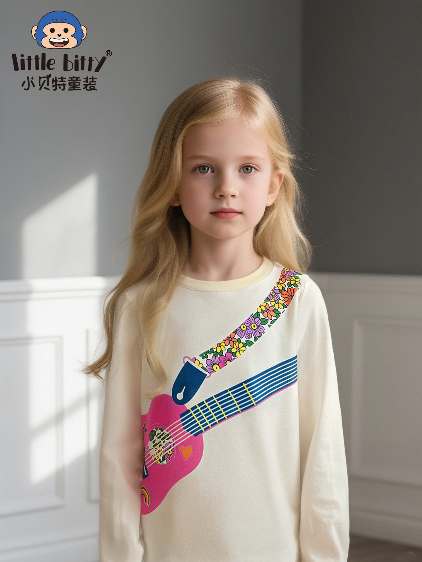 Cross-Border European and American Autumn and Winter Girls' Long-Sleeved T-Shirts Cartoon Guitar Print Kidsren's Round Neck Bottoming Knitwear Clothing
