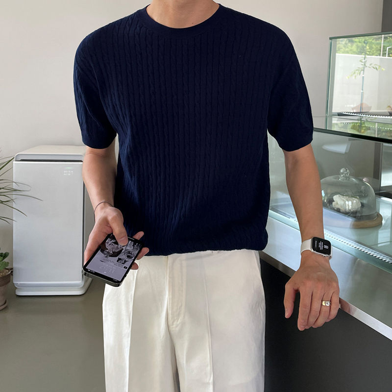 MYQ オールドマネースタイルツイスト半袖セーター Tシャツ夏メンズ韓国ルーズラウンドネックニット Tシャツ半袖|undefined