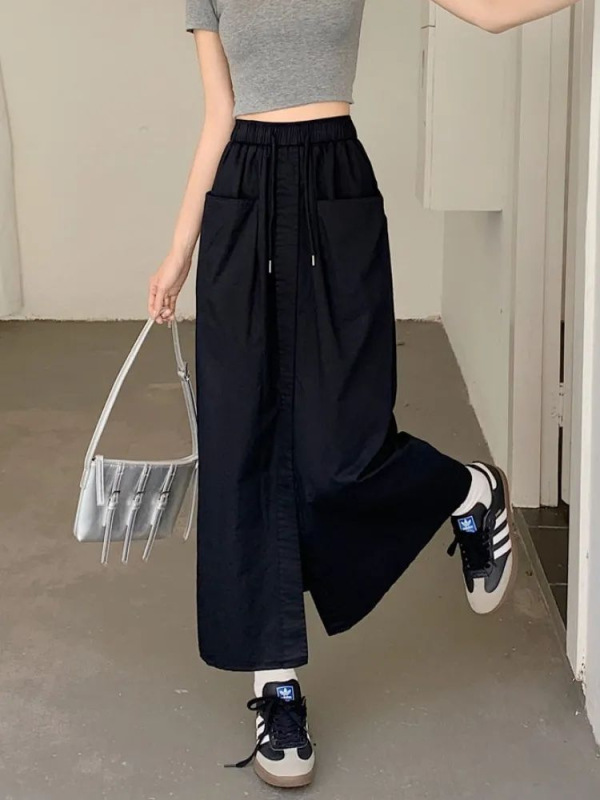 大阪起爆ダブルポケットデザイン感半身スカート女2024夏の新型ゆるい大サイズオープンa字スカートins|undefined