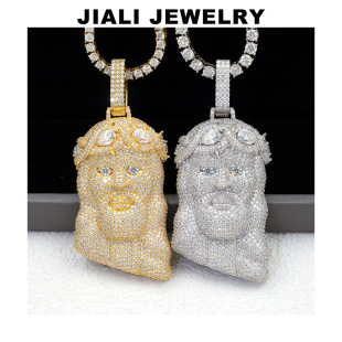 European and American Cross-Border Silver Inlaid Moissanite Personalized Exaggerated Jesus Portrait Pendant Men's Hip-Hop Necklace Manufacturer Wholesale
