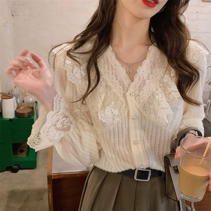 v领蕾丝衬衫女春秋设计感小众内搭小香风衬衣小个子打底衫上衣|undefined