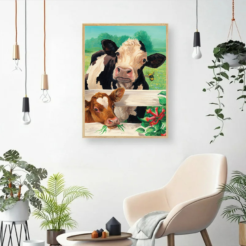 新款5D钻石画满钻牧场大小牛 奶牛动物diy钻石绣装饰画外贸款批发