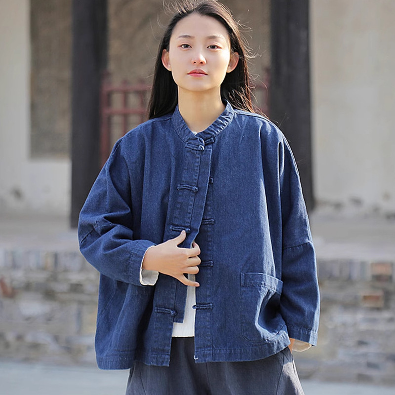 Cotton and Linen Women's Wear Sand Wash Denim Chinese Button Shirt 2 Color Loose Casual Top