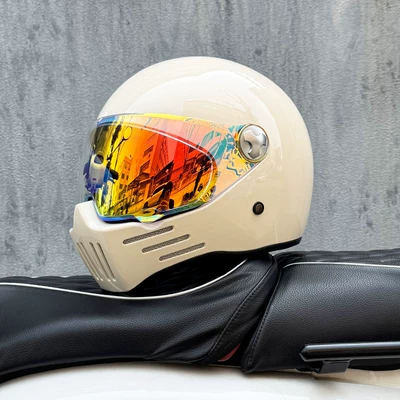 Motosiklet kaskı (dəbilqə): National Standard 3C Certified Retro Motorcycle - milky-white-with-phantom-red-night-vision-available-transparent-mirror-included-m