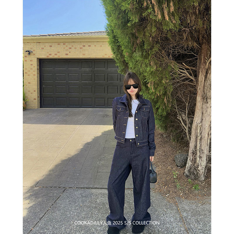 cookadaily Mermaid_Amsterdam American Retro Casual Loose Primary Color Denim Jacket Jeans
