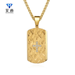 Original European and American style titanium steel men's bark random pattern bevel edge diamond military brand necklace personalized men's and women's couple jewelry