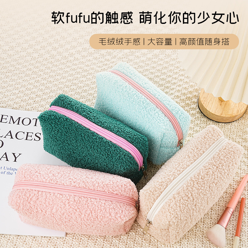 かわいいテディベルベットロールベルベット化粧品バッグポータブル大容量鉛筆バッグ文具箱ソフトワックス収納トイレタリーバッグ枕|undefined