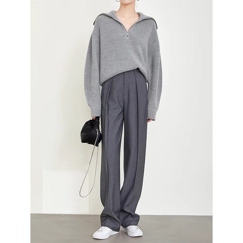 Ready Stock Manufacturer Wholesale High Ji Gray Suit Pants Old Money Style Pants Slimming Look Wide Leg Pants Casual Straight Pants for Women Ready Stock Manufacturer Wholesale High Ji Gray Suit Pants Old Money Style Pants Slimming Look Wide Leg Pants Casual Straight Pants for Women