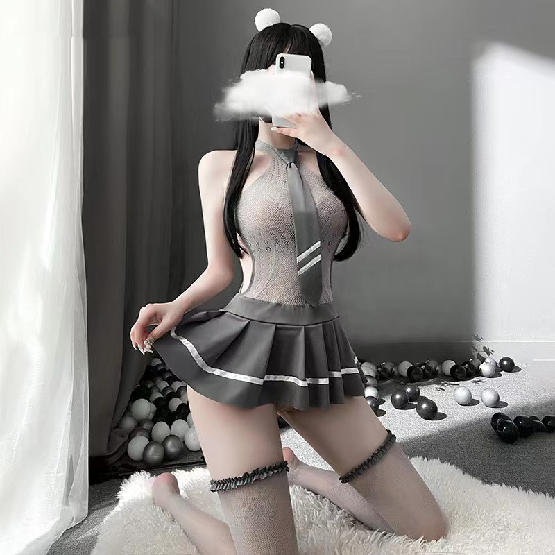 茜羽墨情趣內衣學生制服絲襪誘惑一體連身網衣裙性感甜酷學妹套裝