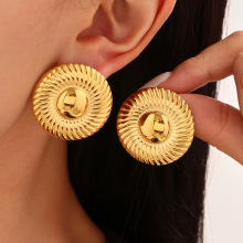 梦幻 厚镀18k真金不锈钢拼色螺纹大圆盘耳钉时尚走秀款欧美风耳环