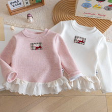 女童加绒打底衫纯色花边百搭一体绒上衣2025新款纯色秋冬新款衣服