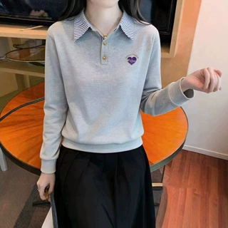 洋气减龄假两件Polo领上衣打底衫2026早秋装宽松长袖T恤薄款卫衣