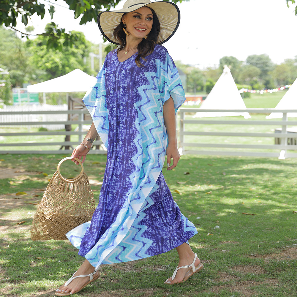 Blusa de playa europea y americana de cuatro lados stretch poliéster rayado impreso robe estilo sexy más tamaño bikini protección solar camisa 5D31