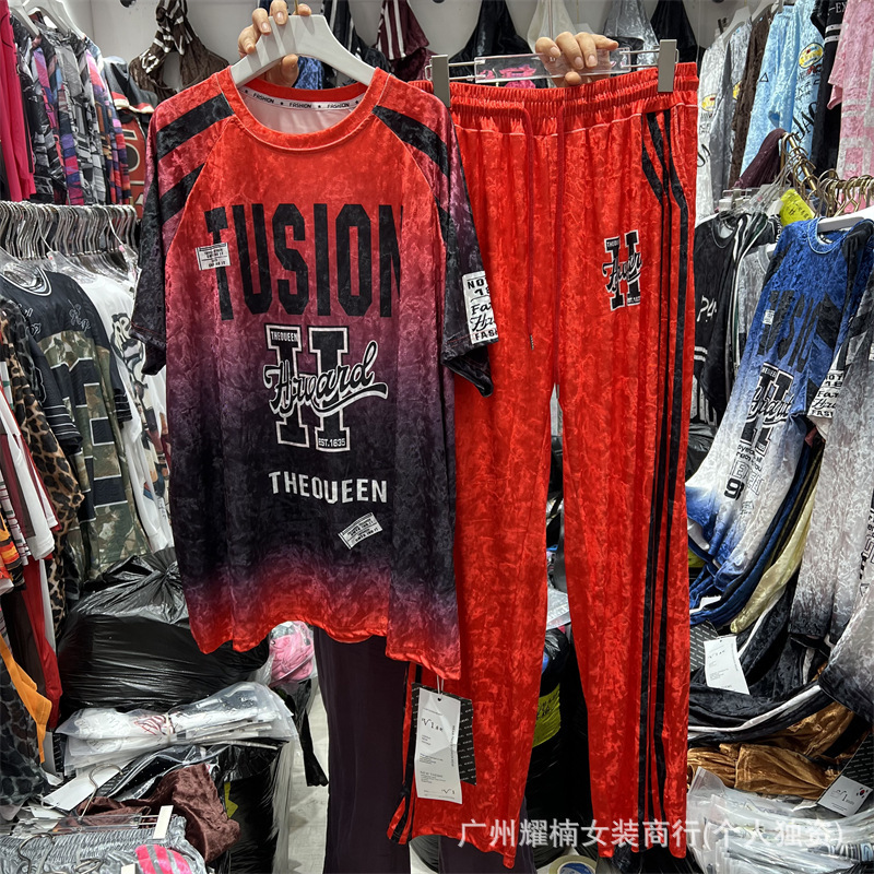European and American Style Design Printed Letters Loose Short-Sleeved T-Shirt Top + Elastic Waist Wide-Leg Pants Two-Piece Set for Women Summer European and American Style Design Printed Letters Loose Short-Sleeved T-Shirt Top + Elastic Waist Wide-Leg Pants Two-Piece Set for Women Summer