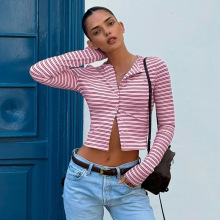 欧美女装2025秋季新款时尚条纹长袖圆领打底衫小众短款上衣潮百搭