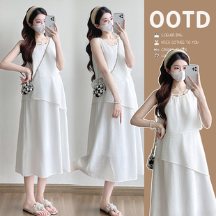 Maternity 2025 Summer New Sweet Elegant Stacked Wearing Meat Covering Slimming Mid-length plus size Pregnant Women dress
