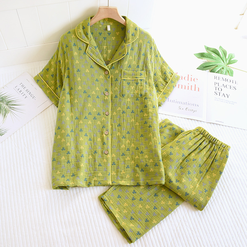 Women's Pajamas Summer New Pure Cotton Yarn-Dyed Cotton Gauze Loose Casual Manufacturer Wholesale Short-Sleeved Home Clothes Two-Piece Set