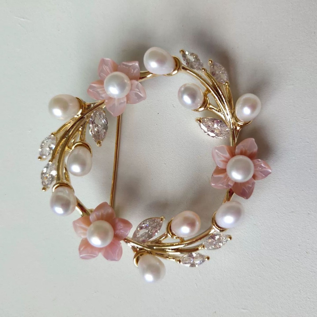 Korean Style Copper Material Inlaid with Zircon Cute Flowers Natural Pink Shell Freshwater Pearl Dual-Purpose Pendant High-End Brooch
