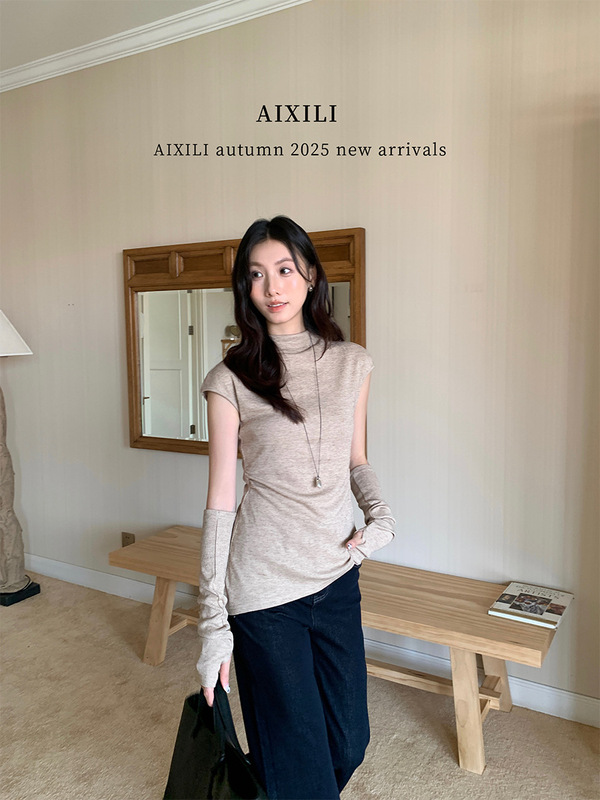 爱西里2025秋季简约中高领收腰显瘦斜下摆坎肩袖套针织衫女15365|undefined