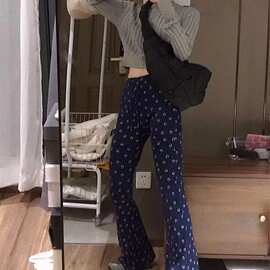 BM风美式高腰显瘦弹力笑脸微喇叭裤bm宽松直筒阔腿马蹄裤子女长裤
