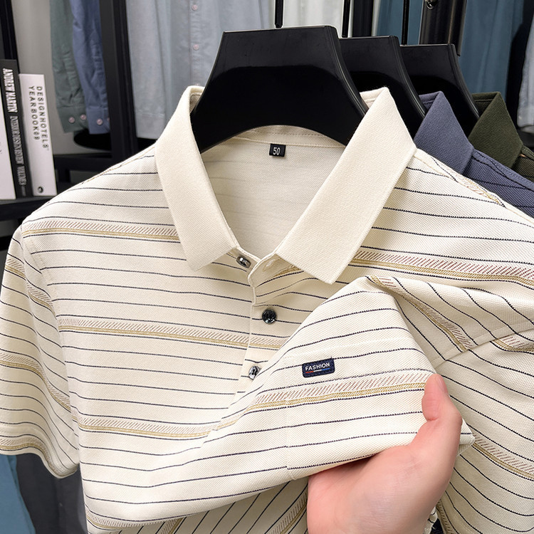 Men's Short-Sleeve T-Shirt, Middle-Aged Dad Style, Striped Casual Pocket Top, Summer Fashion Versatile Polo Shirt with a Turn-Down Collar