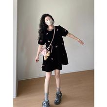 夏季新法式赫本风蝴蝶结大码黑色连衣裙女300斤胖MM高级泡泡袖裙