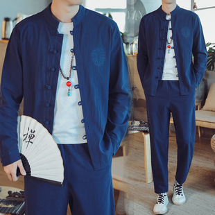 Autumn 2024 new Chinese style cotton and linen shirt suit men's Chinese Tang suit two-piece set a generation of hair