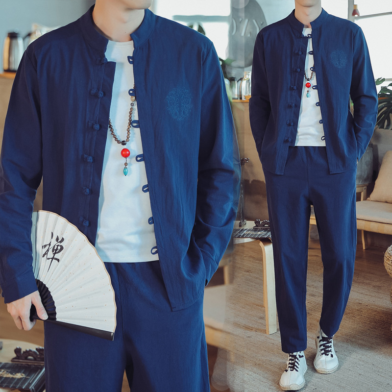 Autumn 2024 new Chinese style cotton and linen shirt suit men's Chinese Tang suit two-piece set a generation of hair