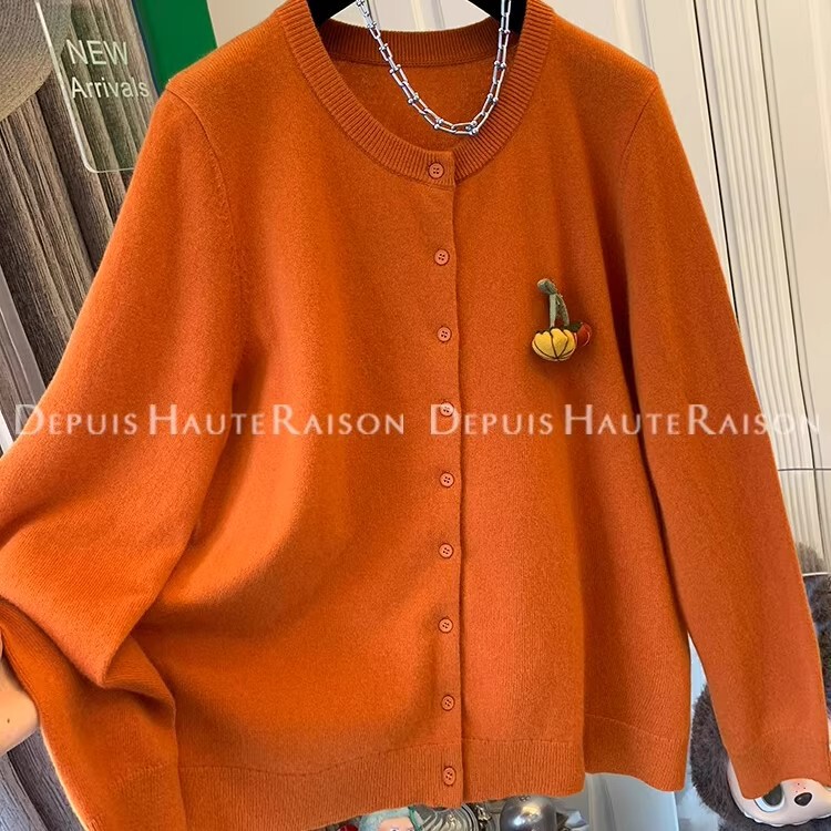 Autumn and Winter Plus Size 100kg Everyday Versatile Pumpkin Ornament Button Sweater Knit Cardigan Women's Top