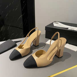 广州小香风包头凉鞋女2024年新款夏百搭法式底鞋中粗跟拼色单鞋