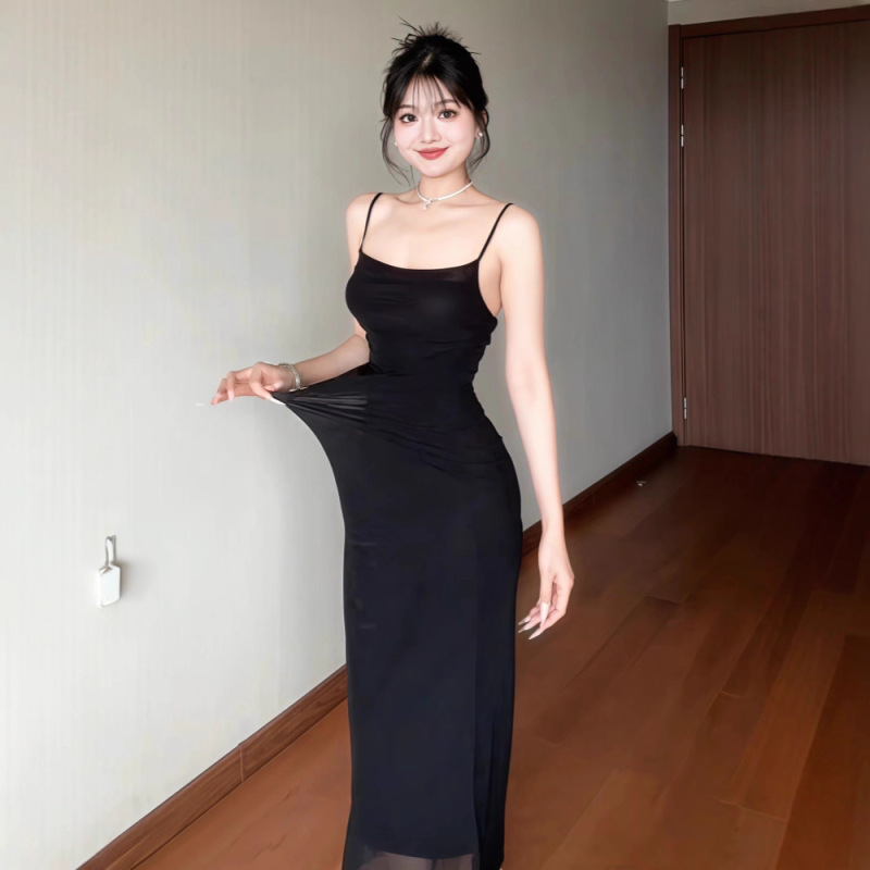 法式咖色吊带连衣裙女夏季网纱拼接收腰修身裙子纯欲紧身包臀长裙|undefined