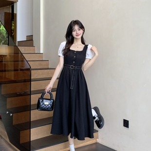 Spring and Summer Wear Plus Size Women's Square Neck Puff Sleeve Fake Two-Piece Skirt French Hepburn Style Light Luxury Student Dress
