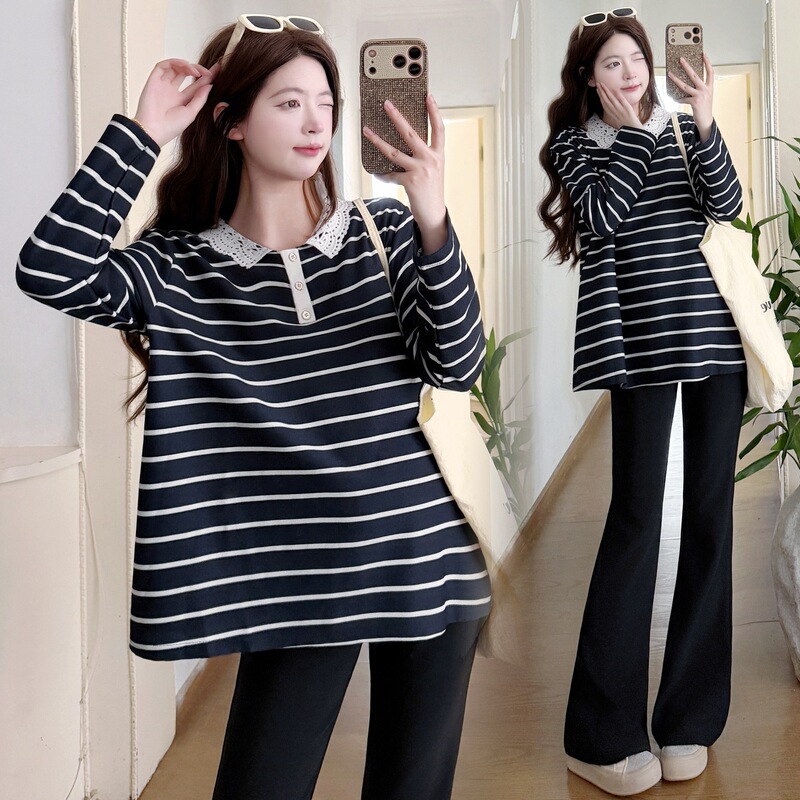 Maternity wear "Old Letterhead" spring and autumn Korean style casual striped long-sleeve top and flared pants two-piece set