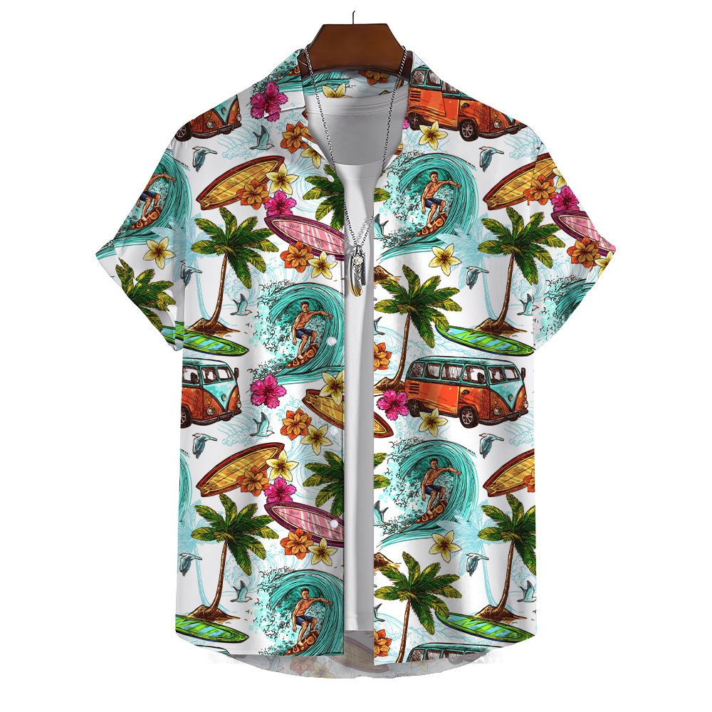 2024 Camisa transfronteriza de manga corta para hombre de primavera y otoño Camisa impresa digital 3D Camisa hawaiana de árbol de coco de fábrica