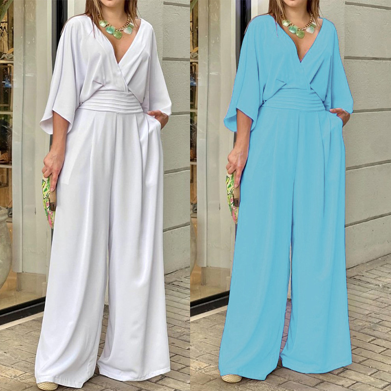 Women's Clothing 2024 plus size women's clothing ins wide leg solid color V neck simple fashion jumpsuit_voghion.com