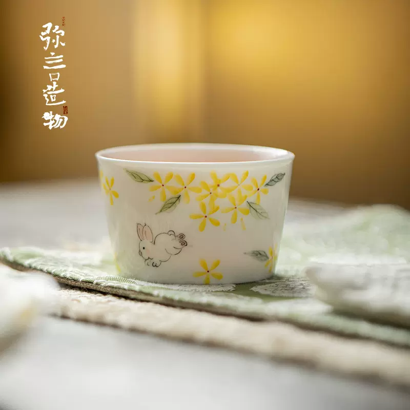 弥言中秋手绘兔子主人杯家用大号茶杯手工陶瓷薄胎品茗杯单个功夫