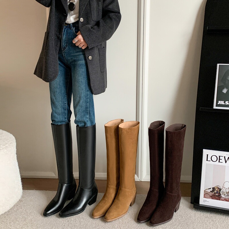 Women's square-toed knight boots, new autumn/winter 2026 high-heeled long boots, chunky heel high-tube boots, cowhide suede stacked boots Women's square-toed knight boots, new autumn/winter 2026 high-heeled long boots, chunky heel high-tube boots, cowhide suede stacked boots