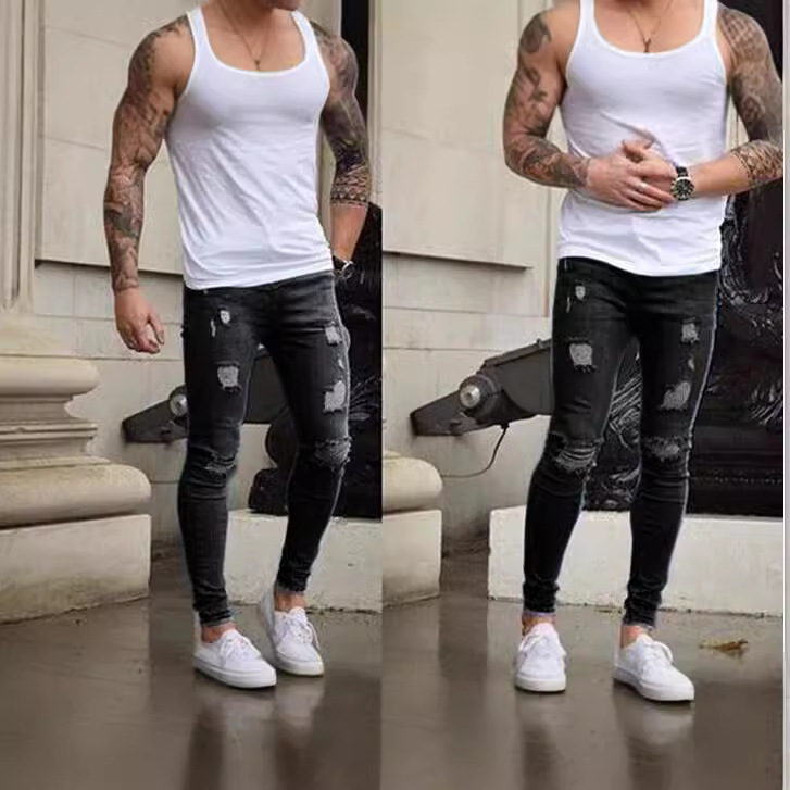 AliExpress wish foreign trade new white worn feet slim jeans wholesale European and American men's tight denim