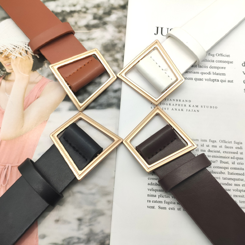 New trapezoidal smooth buckle PU men's and women's belts, fashionable, casual, versatile dresses and jeans