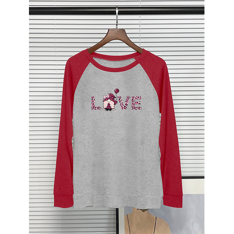 Summer round neck patchwork long sleeved t-shirt, women's LOVE Valentine's Day printed top_voghion.com
