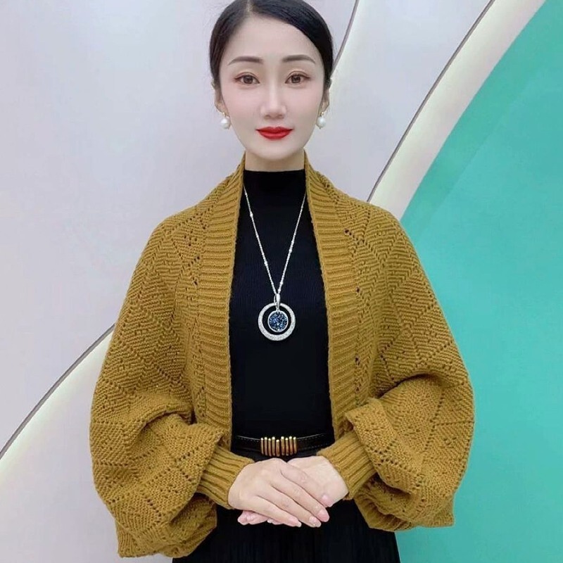 【ブローチをプレゼントします】新作ニットのチェックカーディガン女性秋冬外はストールのセーターのコートの短い上着を着ます。|undefined