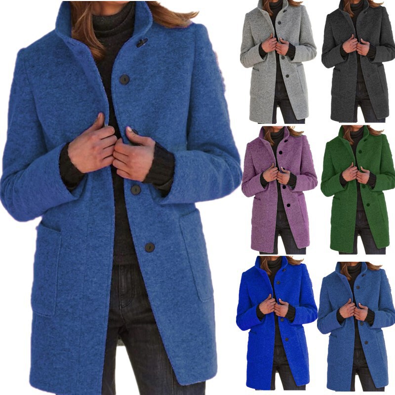 2026 Autumn and Winter Cross-Border European and American Women's Clothing New Style Amazon Ebay Retro Solid Color Buttoned Stand Collar Woolen Coat