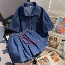 韩版复古牛仔衬衫短裤两件套女夏季新款大码胖mm时髦减龄显瘦套装