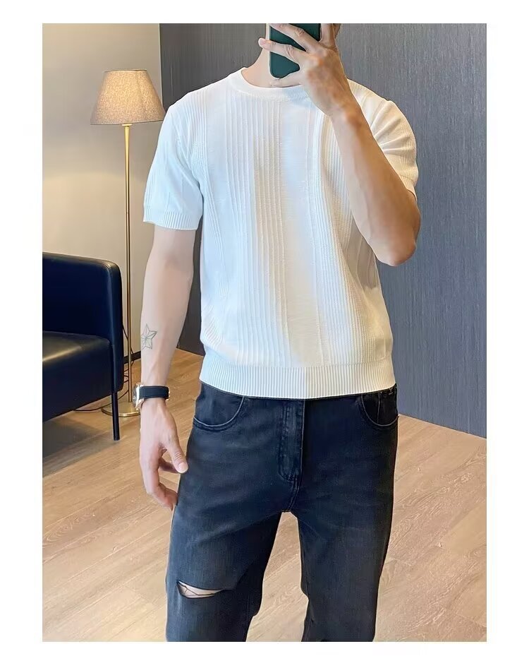 Men's Slim Fit Ice Silk Knit T-Shirt Short Sleeves Round Neck Summer Style Vertical Stripes Mature Simple Design_viptrois.com