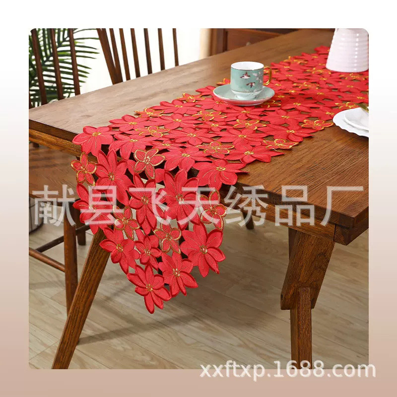 批发刺绣镂空圣诞节桌旗桌布圣诞装饰圣诞主题桌旗节日桌旗