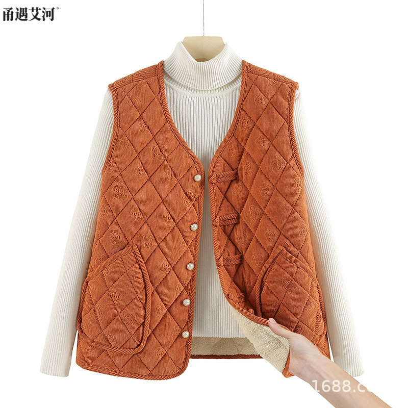 Мама с плюшевым жилетом осень-зима новый тонкий жилет средний и пожилой топ свободный пальто утолщение теплое плечо женщина