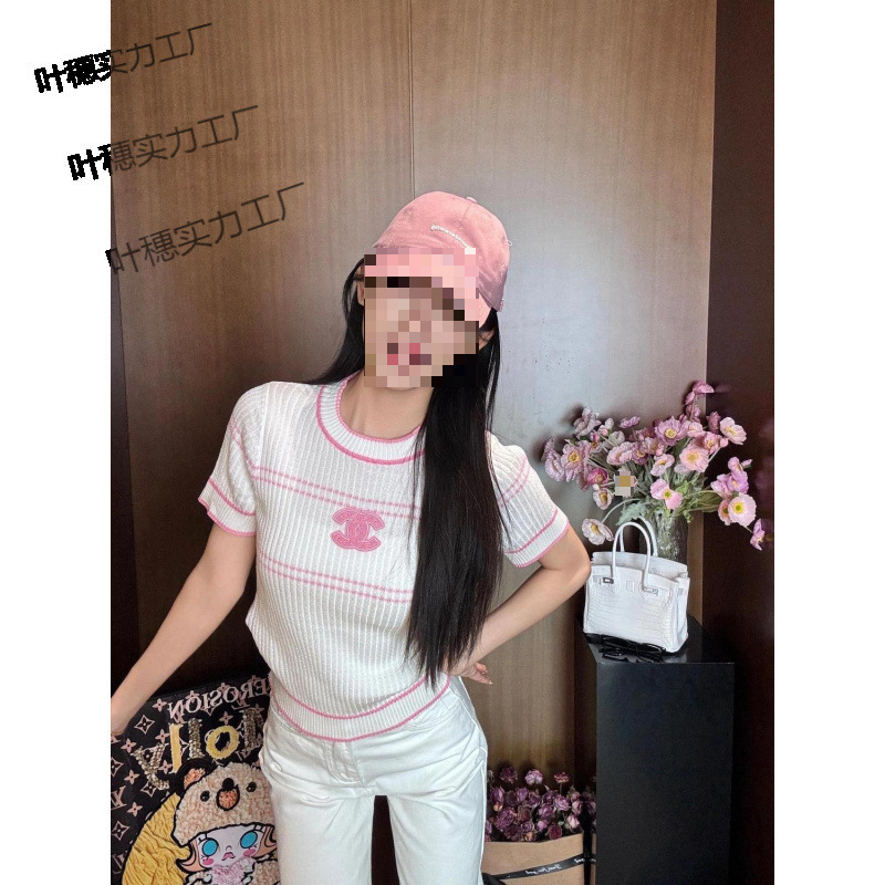 新しいハイエンドの小魚風ニットラウンドネックセーター夏刺繍西洋スタイルアイスシルクフレンチ半袖スリムフィット|undefined