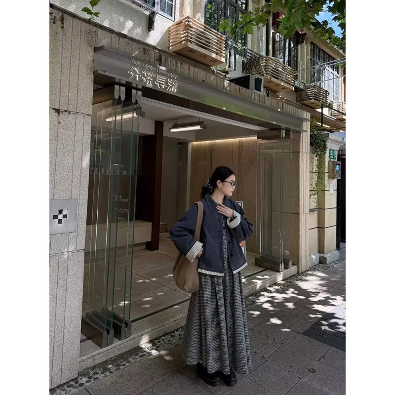 亚麻格子裙女禅意早秋新款复古长袖设计感连衣裙禅修|undefined